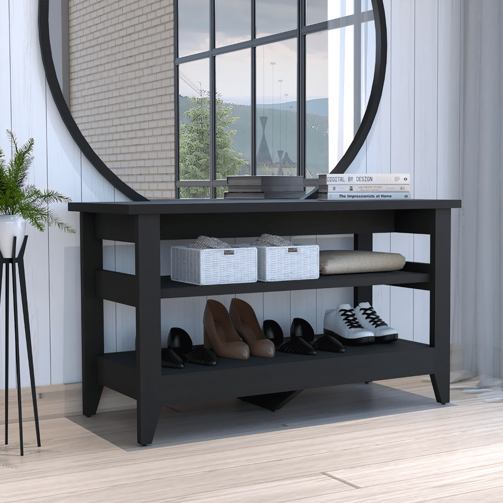 Misuri Black Manufactured Wood Storage Bench with 2 Shelves