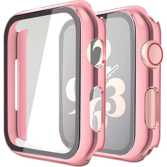 Misxi 2 Pack Hard PC Case with Tempered Glass Screen Protector Compatible with Apple Watch Series 6 SE Series 5 Series 4 40mm, 1 Rose Pink + 1 Transparent