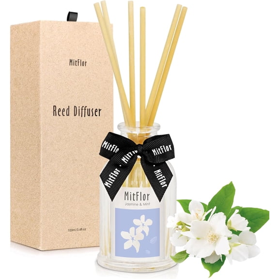 MitFlor Jasmine Mint Reed Diffuser, Inspired by Four Seasons, Hotel Home Diffuser Set with Sticks 3.4oz (100ml), Great for Living Room, Bedroom, Bathroom and More