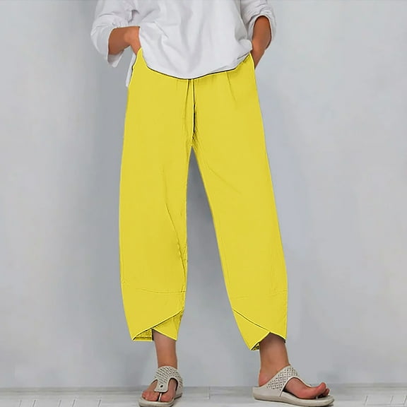 Mitankcoo High Waisted Pants for Women - Casual Loose Wide Leg Pants for Plus Size Yellow Pants Size S