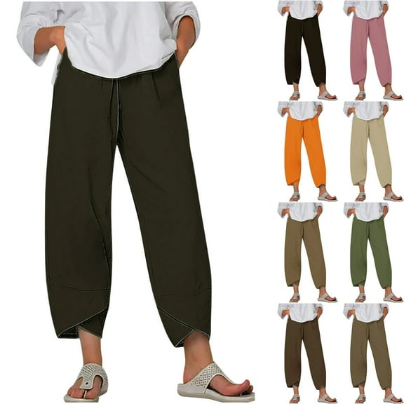 Mitankcoo Pants for Women - Plus Size Elastic Waist Wide Leg Pants Casual Loose Cropped Pants Green Pants Size XXL