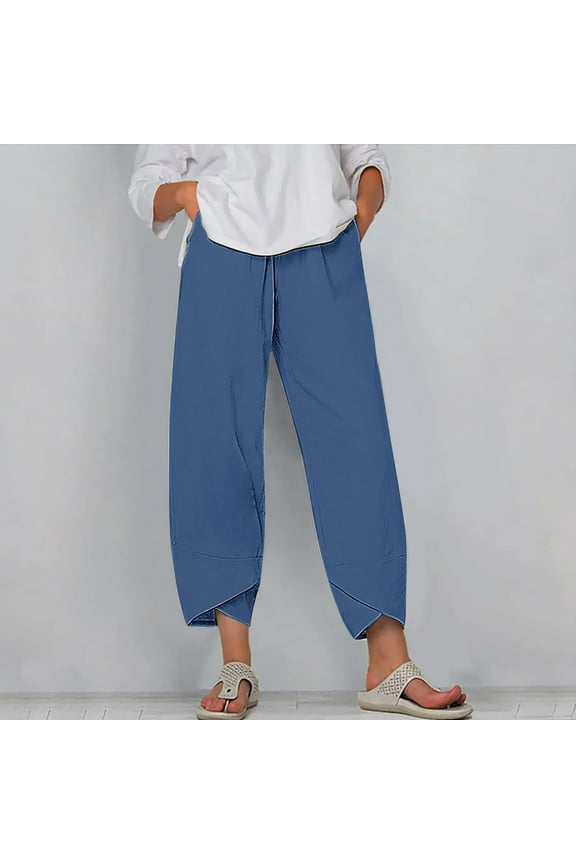 Summer Capris for Women 2025 - Plus Size Casual Wide Leg High Waist Cropped Pants Blue Pants Size XXL