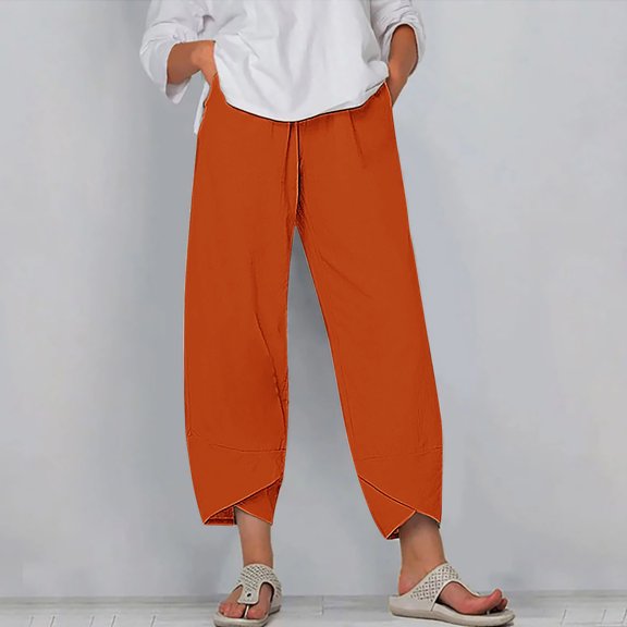 Mitancoo Wide Leg Pants Woman - Plus Size Elastic Waist Pant Casual Loose Pants with Pockets Orange Pants Size XL