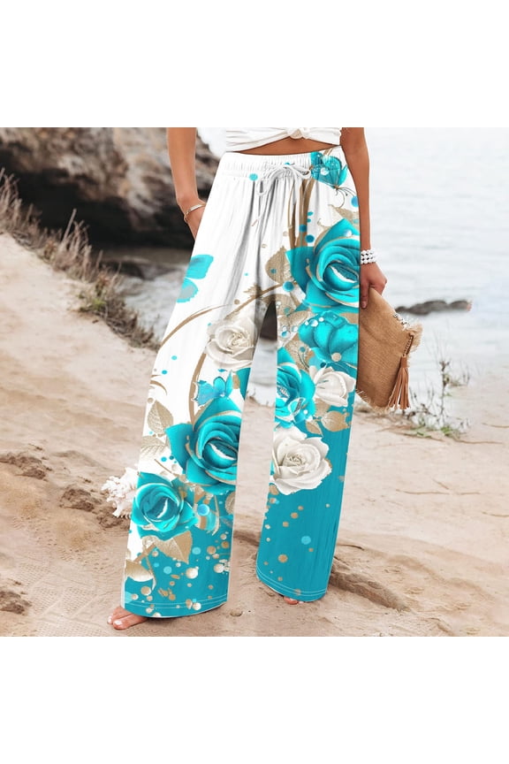 Women Wide Leg Pants - Plus Size Vintage Floral Print Casual Flowy Lounge Pants with Pocket Multi-color Pants Size L