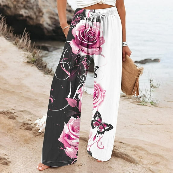 Mitankcoo Women Wide Leg Pants - Plus Size Vintage Floral Print Casual Flowy Lounge Pants with Pocket Multi-color Pants Size L