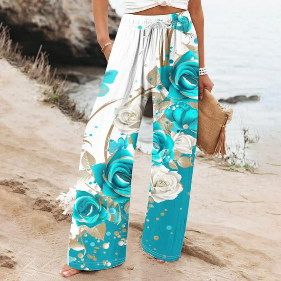 Mitankcoo Women Wide Leg Pants - Plus Size Vintage Floral Print Casual Flowy Lounge Pants with Pocket Multi-color Pants Size S