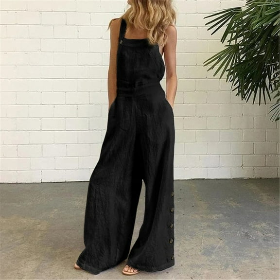 Mitankcoo Women's Casual Loose Overalls Jumpsuits - One Piece Sleeveless Wide Leg Long Pant Rompers Black Pants Size L