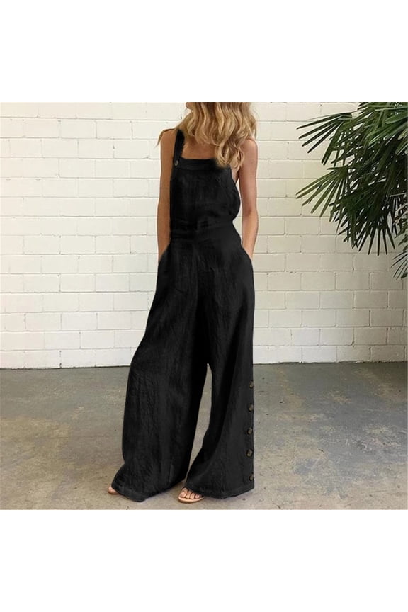 Women's Casual Loose Overalls Jumpsuits - One Piece Sleeveless Wide Leg Long Pant Rompers Black Pants Size S