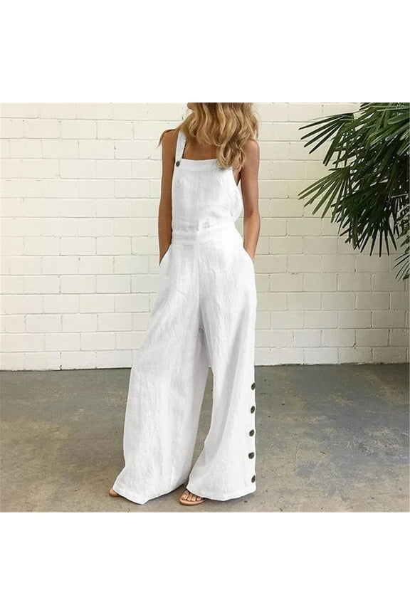 Mitancoo Women's Casual Loose Overalls Jumpsuits - One Piece Sleeveless Wide Leg Long Pant Rompers White Pants Size S
