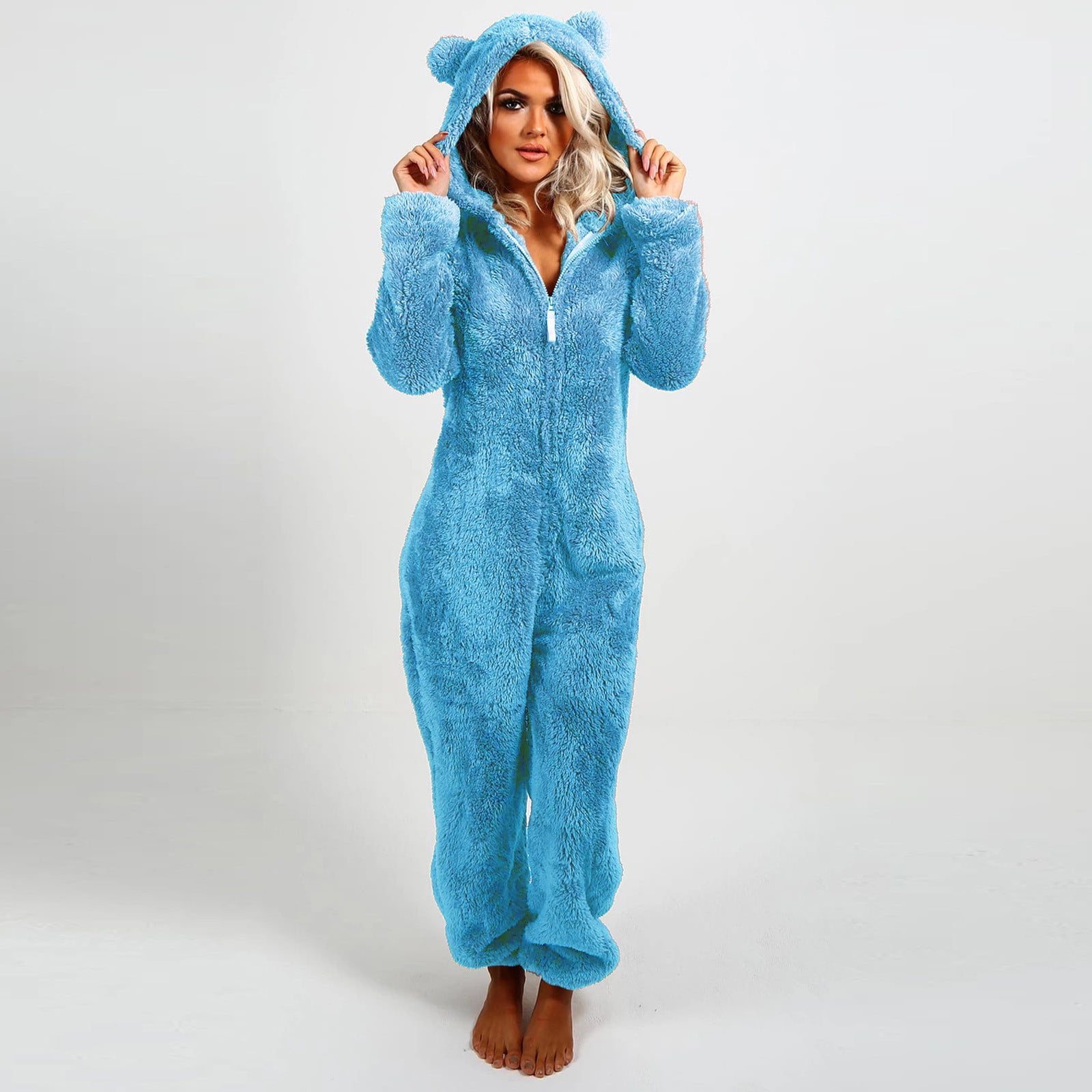 Mitankcoo Womens Fleece Onesies Pajamas Jumpsuit - Warm Sherpa Romper Sleepwear Zipper Hooded Playsuit Blue Pants Size M