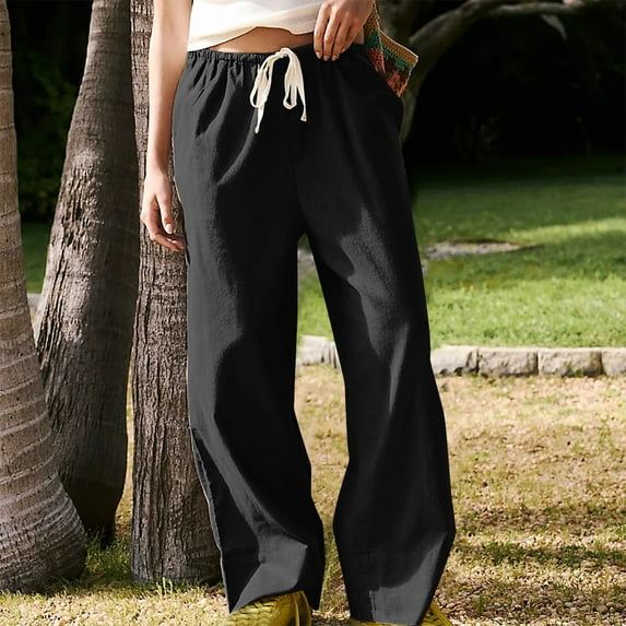 Mitankcoo Womens Linen Wide Leg Pants - Casual Loose Drawstring Low Waist Palazzo Pants with Pockets Black Pants Size S