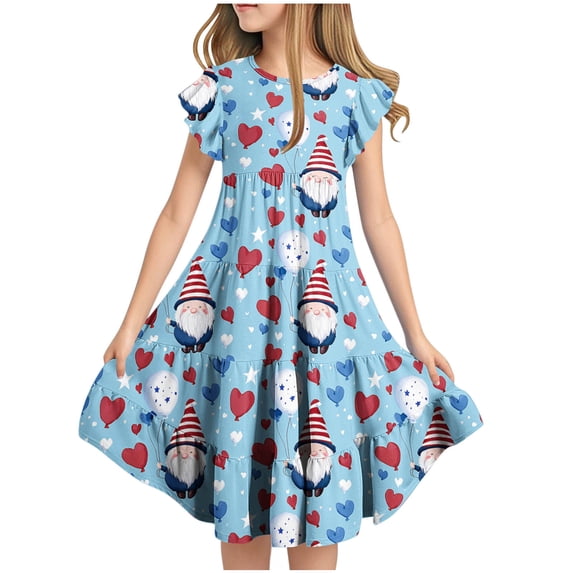 Mitankcoo 4th of July Dresses for Girls Fashion Print Crew Neck Flutter Sleeve A-Line Dress Daily Casual 6-15Y