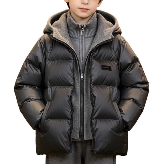 Mitankcoo Boys 2‑in‑1 Look Hooded Puffer Jacket, Full Zip Long Sleeve Quilted Outerwear Side Pockets Loose Winter Outer Layer