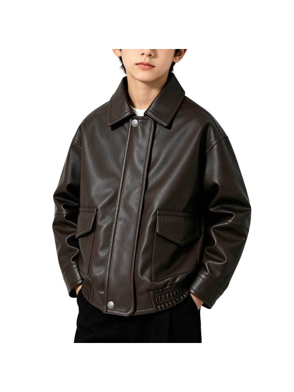 Boys Lapel Faux Leather Bomber Jacket Vintage Moto Style Windbreaker Casual Outerwear for Fall Winter 1-13Y