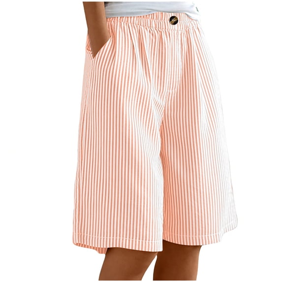 Mitankcoo Cotton Linen Strip Shorts for Girls Button Wide Leg Short Pants Summer Daily Casual Wear