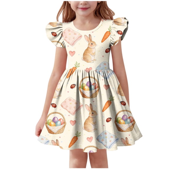 Mitankcoo Easter Dresses for Girls Cute Print Crew Neck Flutter Sleeve A-Line Dress Daily Fashion Wear 3-14Y