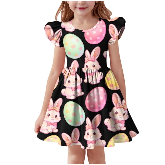 Mitankcoo Easter Dresses for Girls Cute Print Crew Neck Flutter Sleeve A-Line Dress Daily Fashion Wear 3-14Y