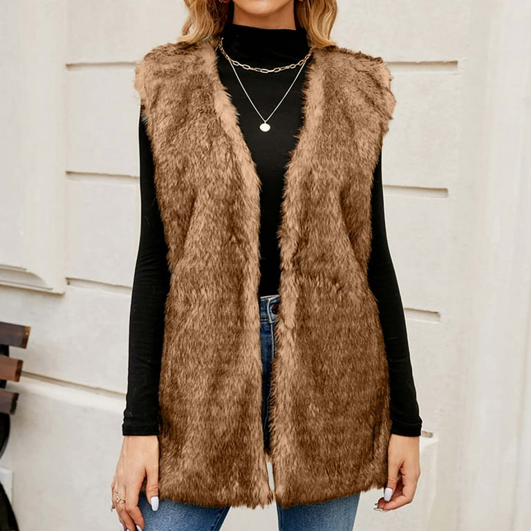 Mitankcoo Faux Fur Vest Jacket for Women - Casual Solid Color Sleeveless  Vests Mid-Length Sherpa Teddy Coat Coffee L