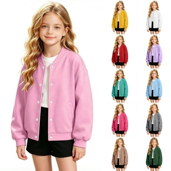 Mitankcoo Girls Baseball Jacket Fleece Lined Snap Button Coat Loose Casual Kids Warm Outerwear with Pockets 4-15Y