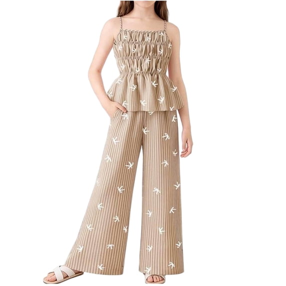 Mitankcoo Girls Bow Print 2 Piece Outfit Set Ruffle Halter Top & Wide Leg Pants for Summer Casual Daily 5-15Y