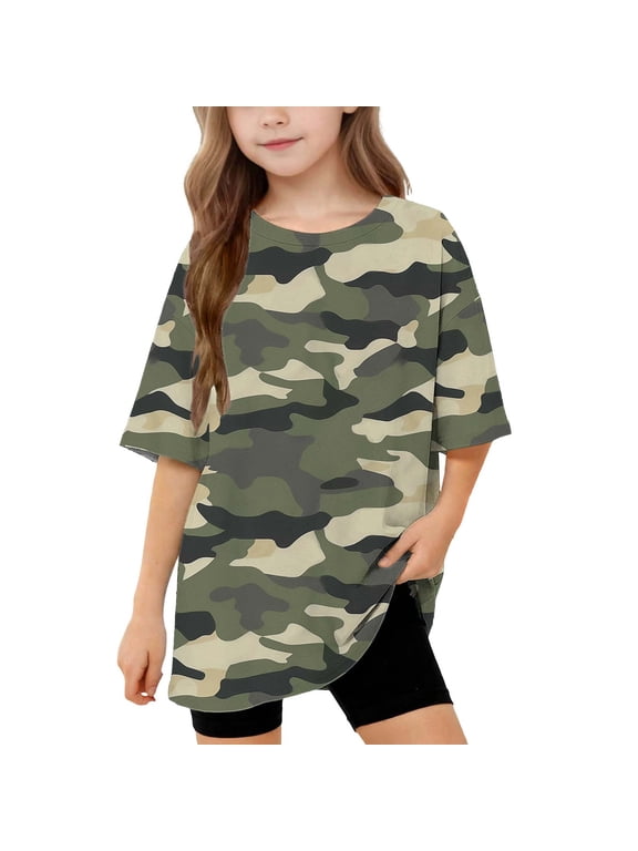 Girls Camo Print Shirts Loose Crew Neck Short Sleeve Tops for Summer Casual Daily & School 5-15Y
