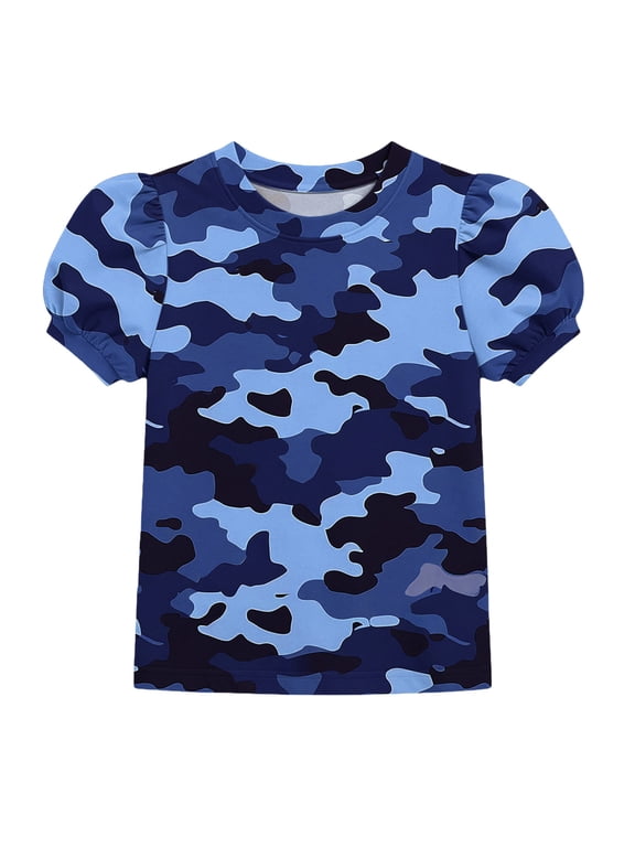 Girls Camo Print Tops Round Neck Puff Sleeve T-Shirts Blouse for Daily & School 4-15Y