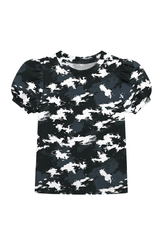 Girls Camo Print Tops Round Neck Puff Sleeve T-Shirts Blouse for Daily & School 4-15Y