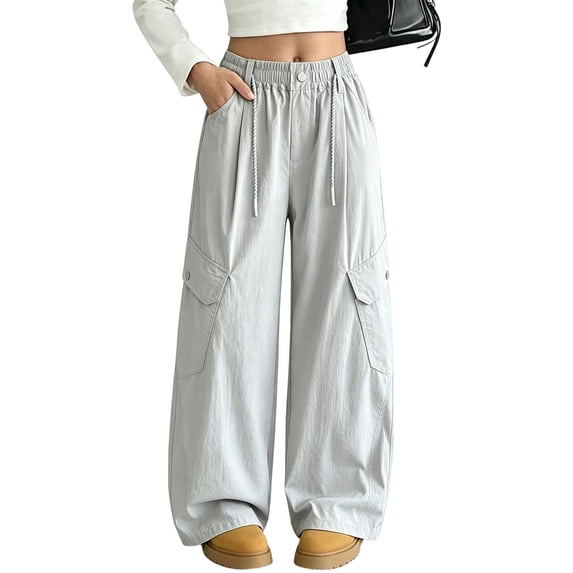 Mitankcoo Girls Cargo Pants Wide Leg Drawstring Waist Multi Pockets Loose Casual Kids Trousers 5-15Y