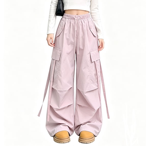 Mitankcoo Girls Cargo Wide Leg Pants Drawstring Waist Multi Pockets Strap Decor Loose Casual Trousers 5-15Y