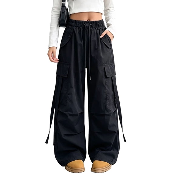 Mitankcoo Girls Cargo Wide Leg Pants Drawstring Waist Multi Pockets Strap Decor Loose Casual Trousers 5-15Y