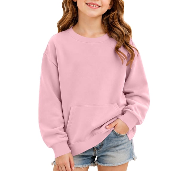 Mitankcoo Girls Crew Neck Long Sleeve Sweatshirt Loose Pullover with Kangaroo Pocket & Side Split Hem for Kids Daily