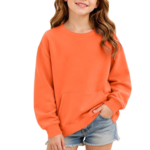 Mitankcoo Girls Crew Neck Long Sleeve Sweatshirt Loose Pullover with Kangaroo Pocket & Side Split Hem for Kids Daily