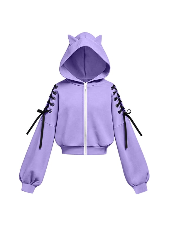 Girls Cropped Zip Up Hoodie Cute Cat Ear Hooded Sweatshirt with Lace Up Ribbon Long Sleeve Fall Winter Jacket 5-15Y