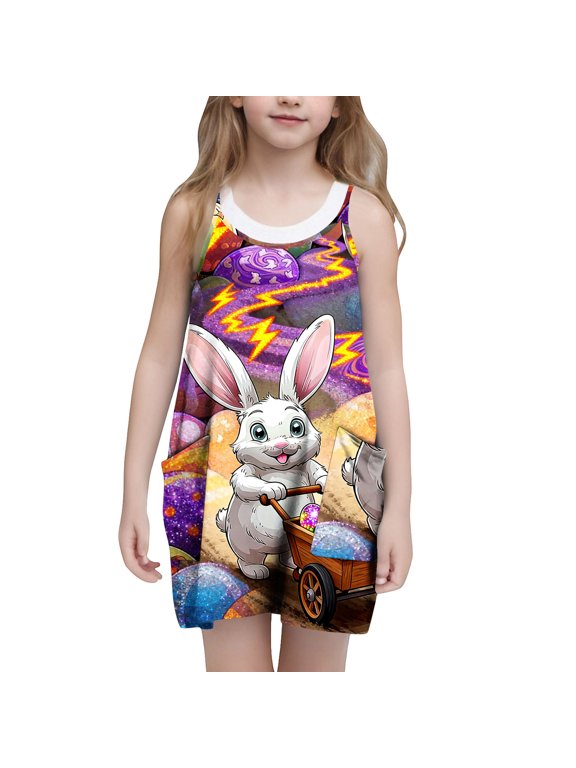 Girls Easter Print Dresses Sleeveless Crew Neck Dress with Pockets for Summer Casual Wear