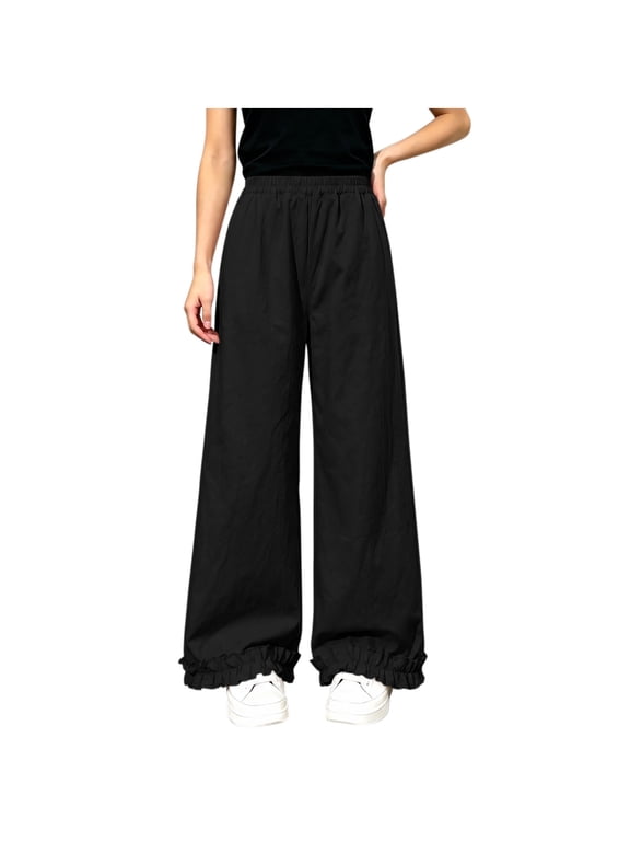 Girls Elastic Waist Wide Leg Pants Kids Ruffle Hem Casual Trousers with Pockets for Daily School