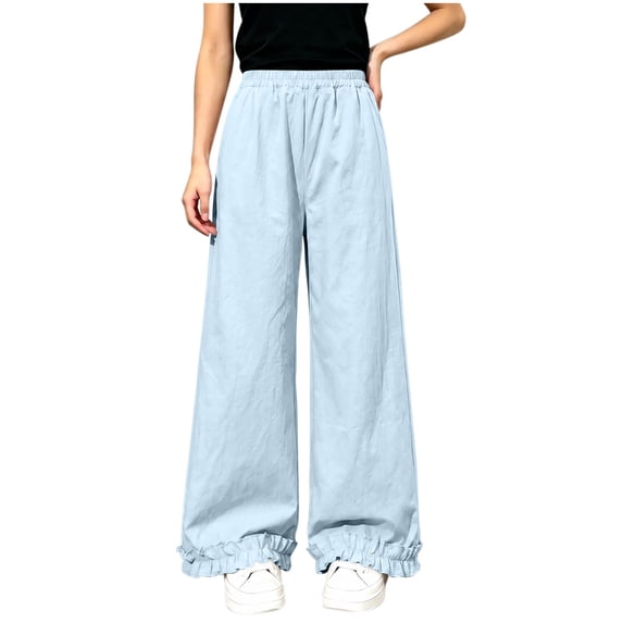Mitankcoo Girls Elastic Waist Wide Leg Pants Kids Ruffle Hem Casual Trousers with Pockets for Daily School