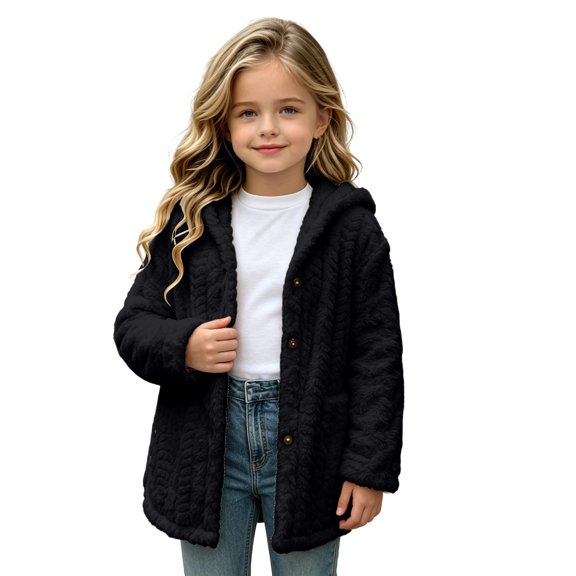 Mitankcoo Girls Fuzzy Sherpa Hooded Coat Button Front Warm Plush Mid Length Jacket Outerwear for Fall Winter
