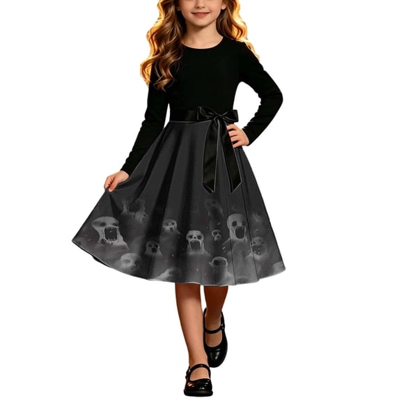 Mitankcoo Girls Halloween Dresses Long Sleeve Crew Neck Swing Midi Dress with Belt for Casual Wear 5-14Y