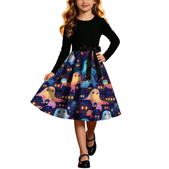 Mitankcoo Girls Halloween Dresses Long Sleeve Crew Neck Swing Midi Dress with Belt for Casual Wear 5-14Y