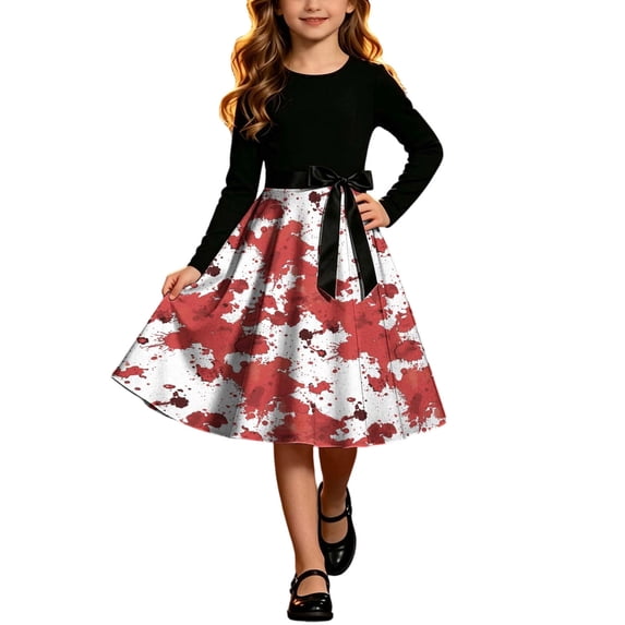 Mitankcoo Girls Halloween Dresses Long Sleeve Crew Neck Swing Midi Dress with Belt for Casual Wear 5-14Y