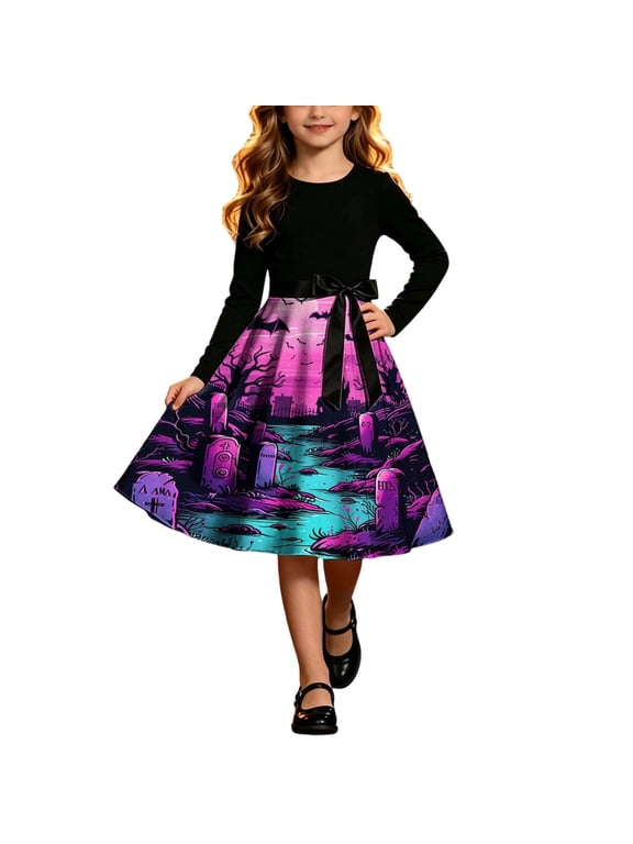 Girls Halloween Dresses Long Sleeve Crew Neck Swing Midi Dress with Belt for Casual Wear 5-14Y