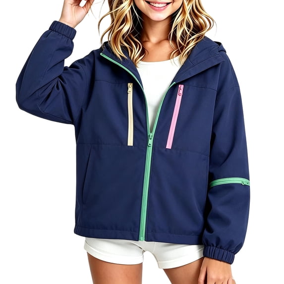 Mitankcoo Girls Hooded Windbreaker Jacket with Color Contrast Zippers, Full Zip Long Sleeve Elastic Cuffs Outerwear