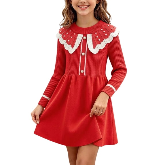 Mitankcoo Girls Knit Sweater Dress Pearl Decor Peter Pan Collar Long Sleeve A‑Line Princess Dress for Fall Winter Party 1-8Y