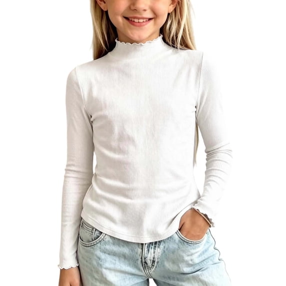 Mitankcoo Girls Long Sleeve Shirts Lettuce Trim Mock Neck Ribbed Knit Tops Tee Base Layer for Daily Comfort