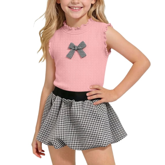 Mitankcoo Girls Matching Sets Bow Tank Tops & Plaid Puff Skirts Two Piece for Summer Daily Casual 1-10Y