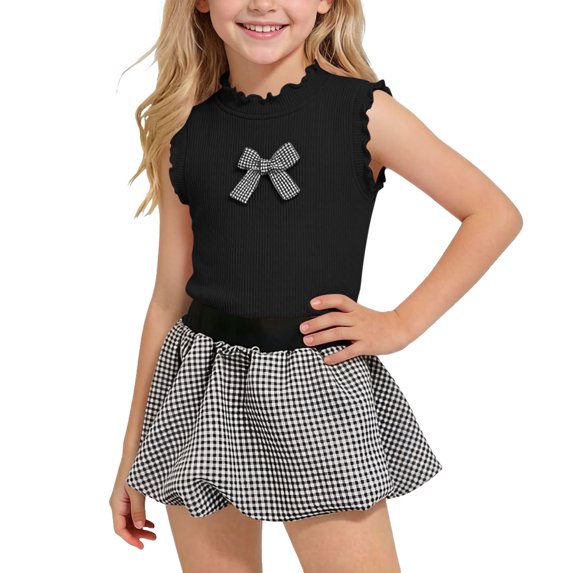 Mitankcoo Girls Matching Sets Bow Tank Tops & Plaid Puff Skirts Two Piece for Summer Daily Casual 1-10Y