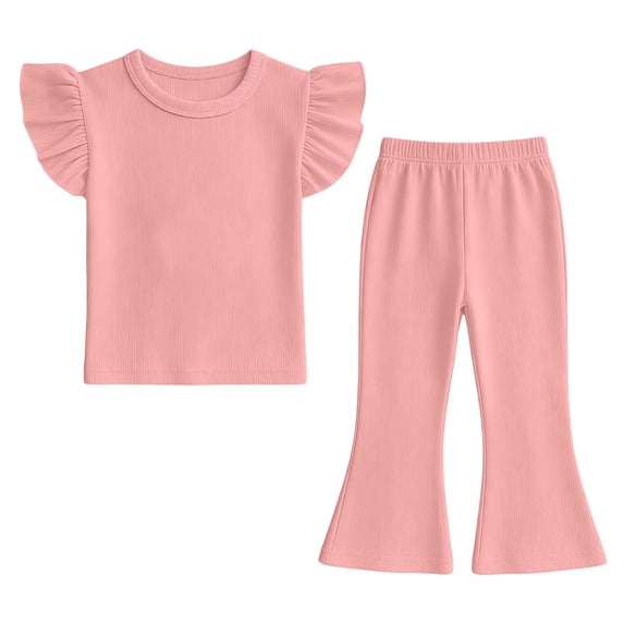 Mitankcoo Girls Matching Sets Ruffle Sleeve Crew Neck Tops & Wide Leg Pants Summer Casual Home Wear 2-10Y