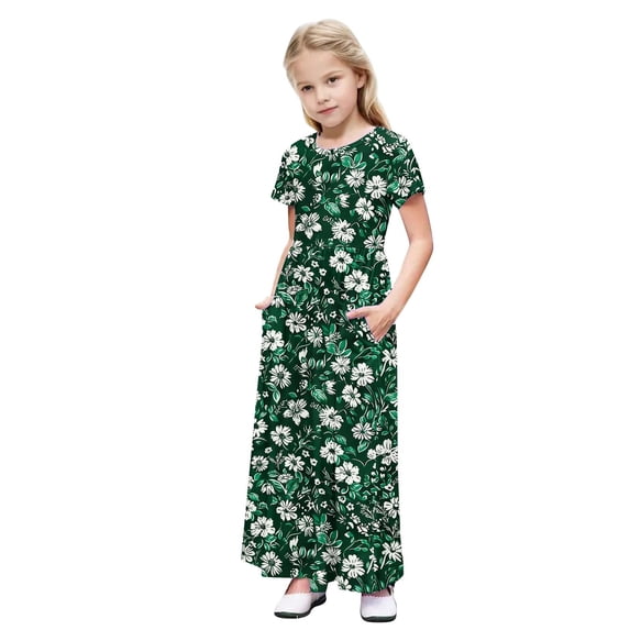 Mitankcoo Girls Print Dresses Short Sleeve Crew Neck Ruched Maxi Dress for Summer Daily & Home 4-14Y
