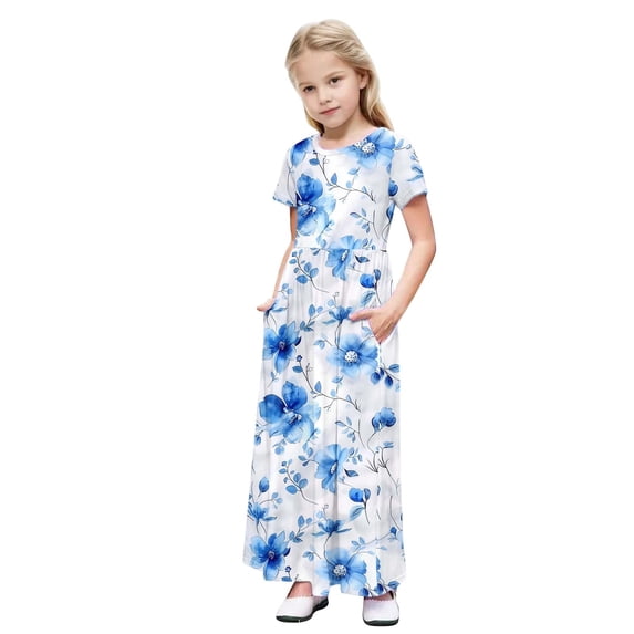Mitankcoo Girls Print Dresses Short Sleeve Crew Neck Ruched Maxi Dress for Summer Daily & Home 4-14Y