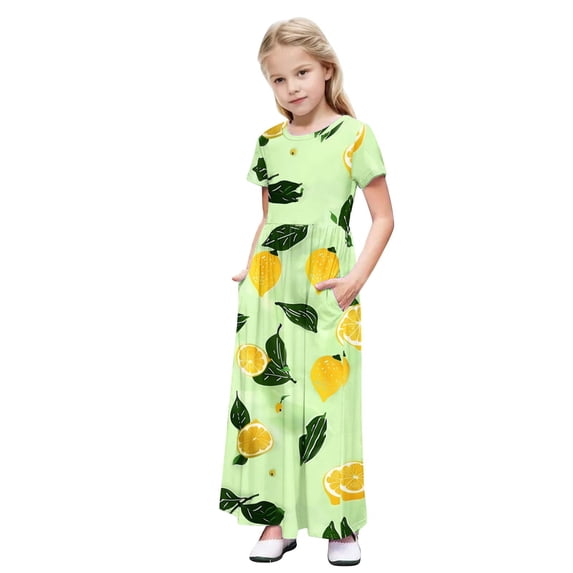 Mitankcoo Girls Print Dresses Short Sleeve Crew Neck Ruched Maxi Dress for Summer Daily & Home 4-14Y